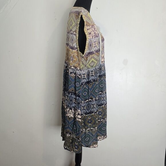 Oddy Shirt Dress Medium Mixed Print Crochet Detail Knee Length Boho Hippie - Picture 4 of 9